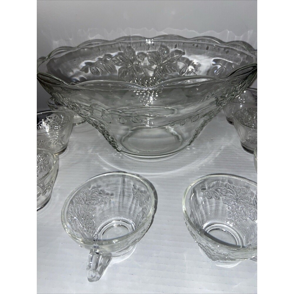 Anchor Hocking Clear Glass Grape 12pc Vintage Punch Bowl Cups Crystal Set
